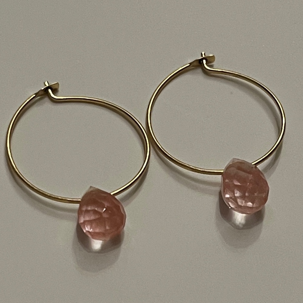 Vintage Gold Hoop Earrings with Soft, Pretty Pink Accents - Picture 2 of 6